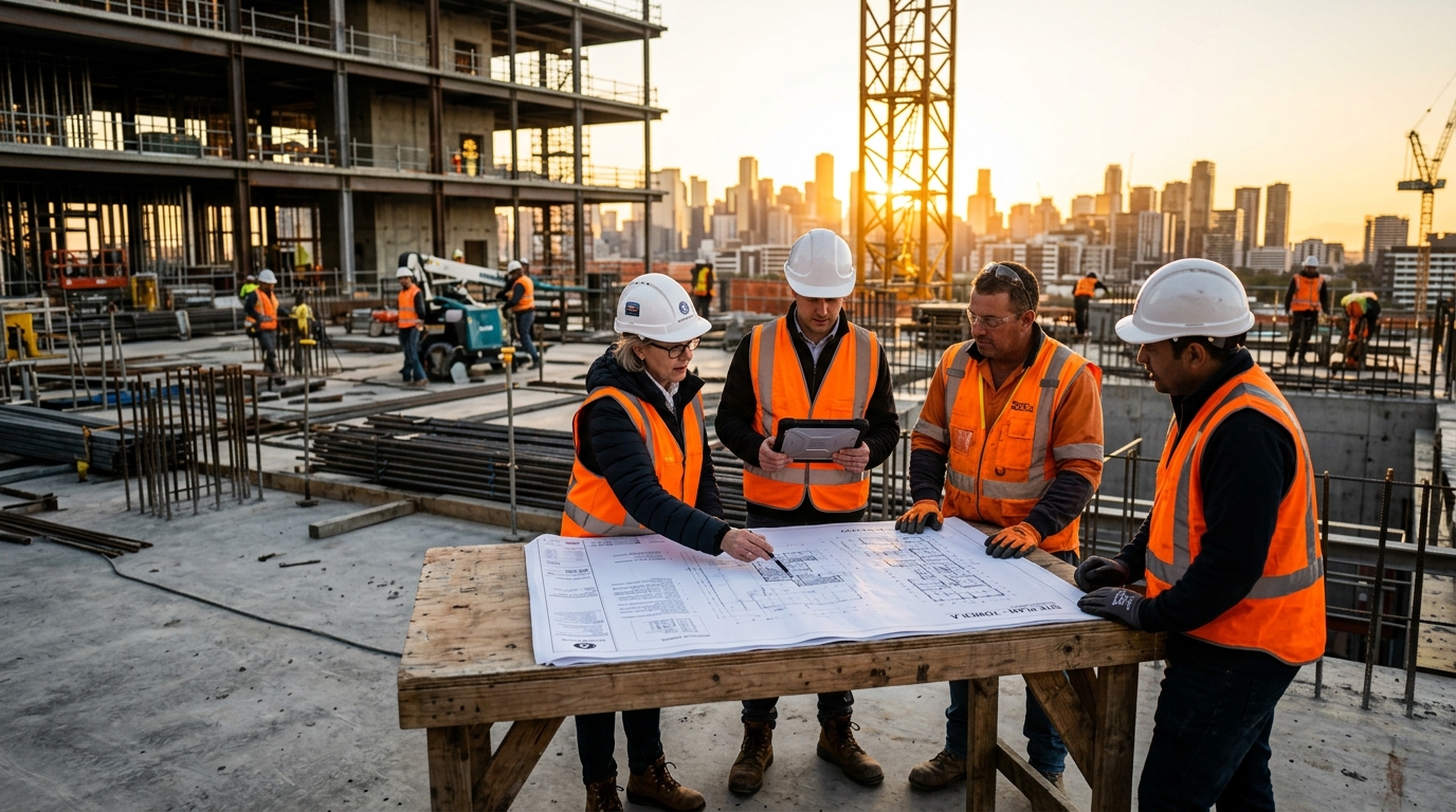 Chantier d'ingénierie et de construction moderne avec ouvriers en équipement de sécurité